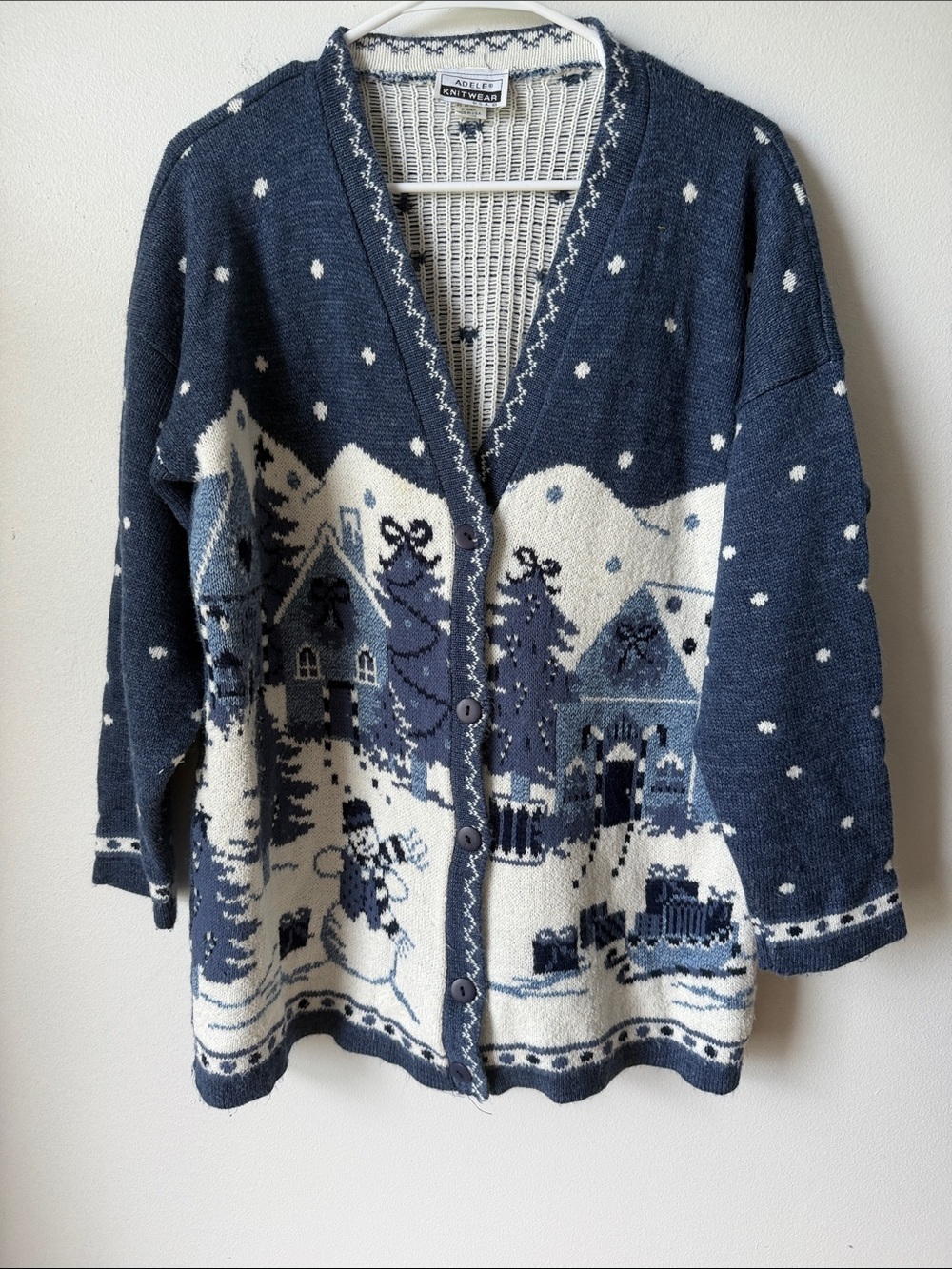 Cozy Winter Village Cardigan Sweater - Navy & Cream Sz M